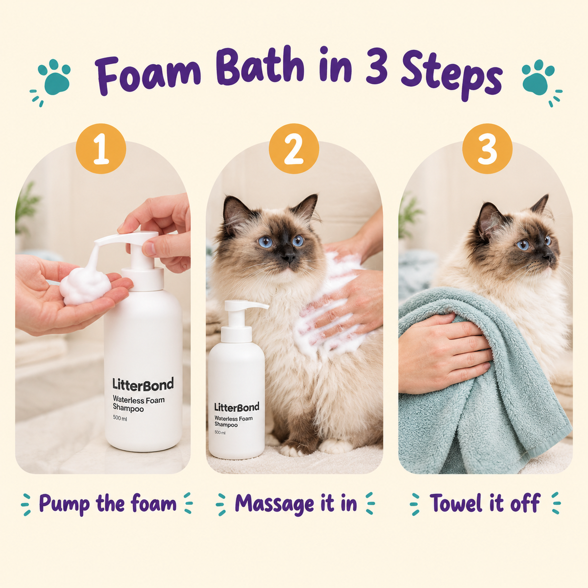 LitterBond Waterless Foam Shampoo 500 ml - how to use in 3 steps