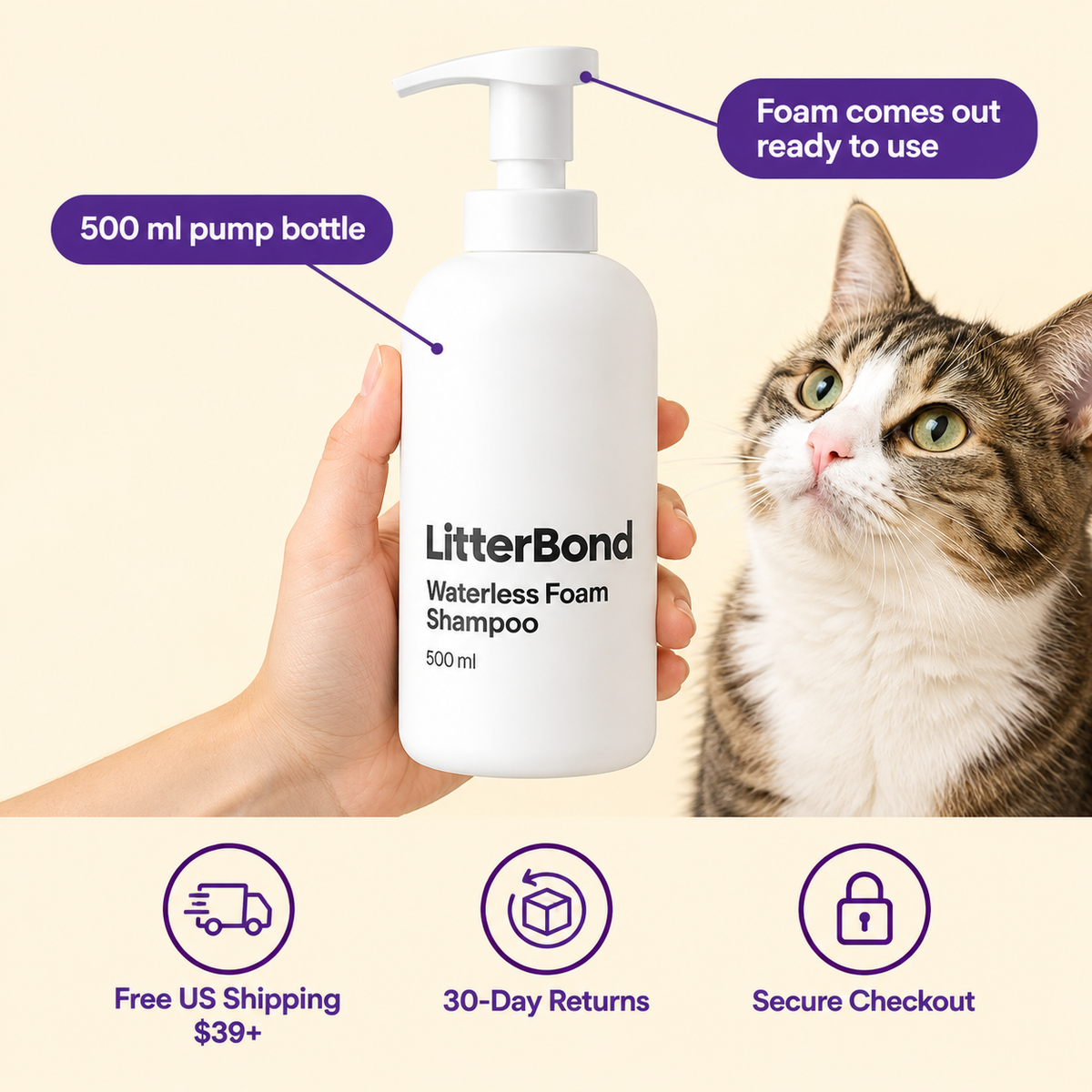 LitterBond Waterless Foam Shampoo 500 ml - size and details