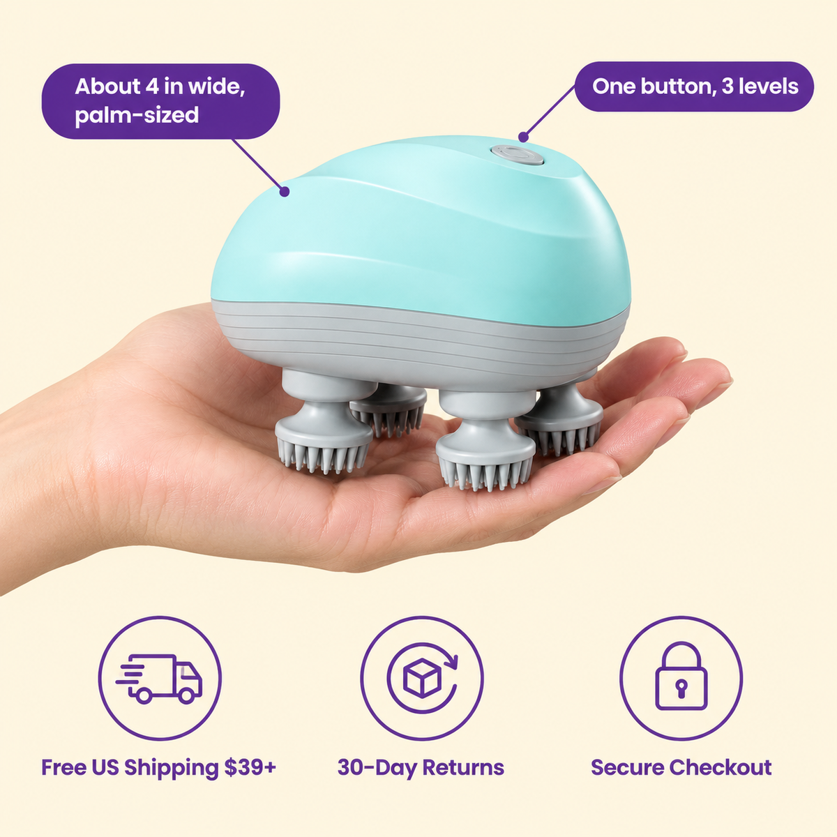 LitterBond Electric Head Massager - size and details