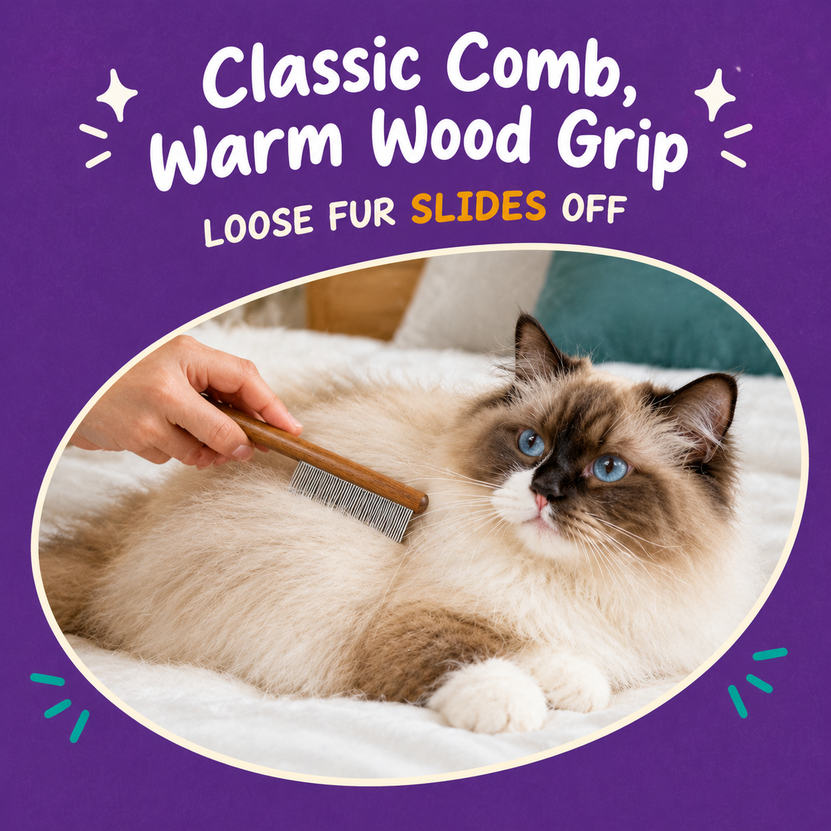 LitterBond Wooden Handle Steel Comb - in use with a cat