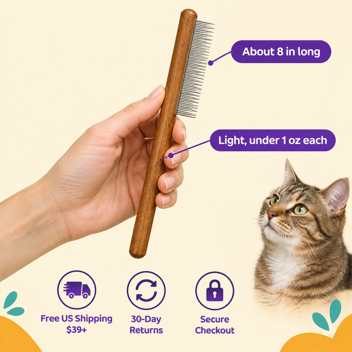LitterBond Wooden Handle Steel Comb - size and details