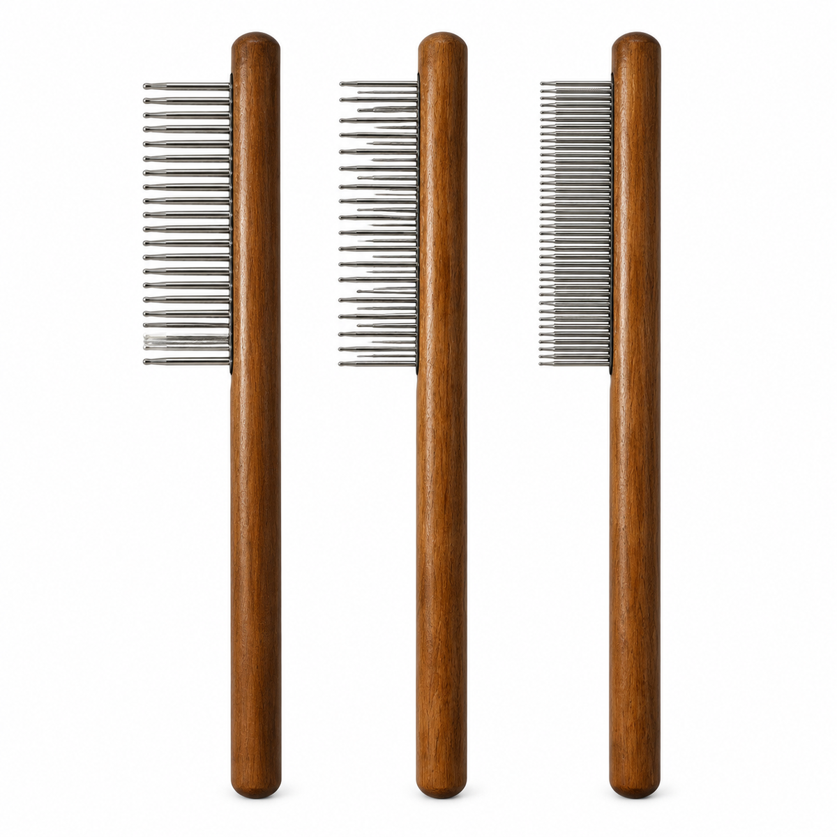 LitterBond Wooden Handle Steel Comb - Set of 3 Combs on white background