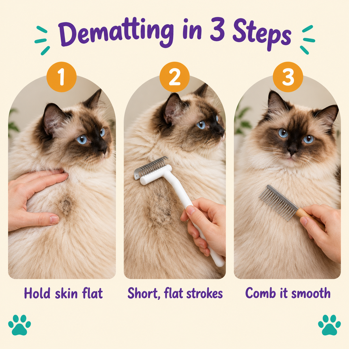 LitterBond Dematting Comb - how to use in 3 steps