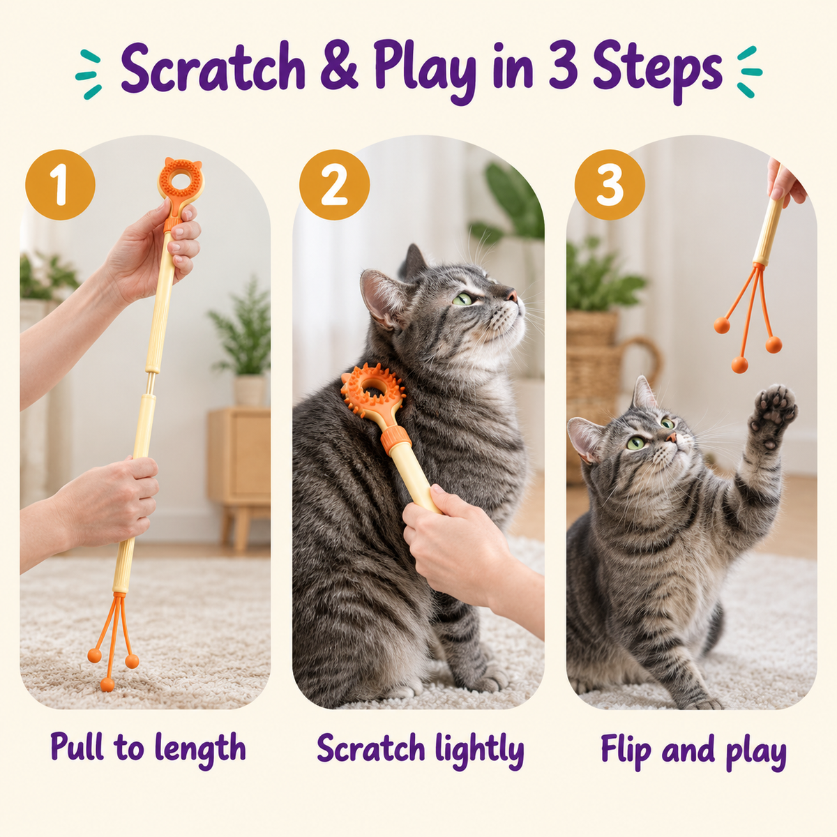 LitterBond Telescopic Scratcher & Teaser Wand - how to use in 3 steps
