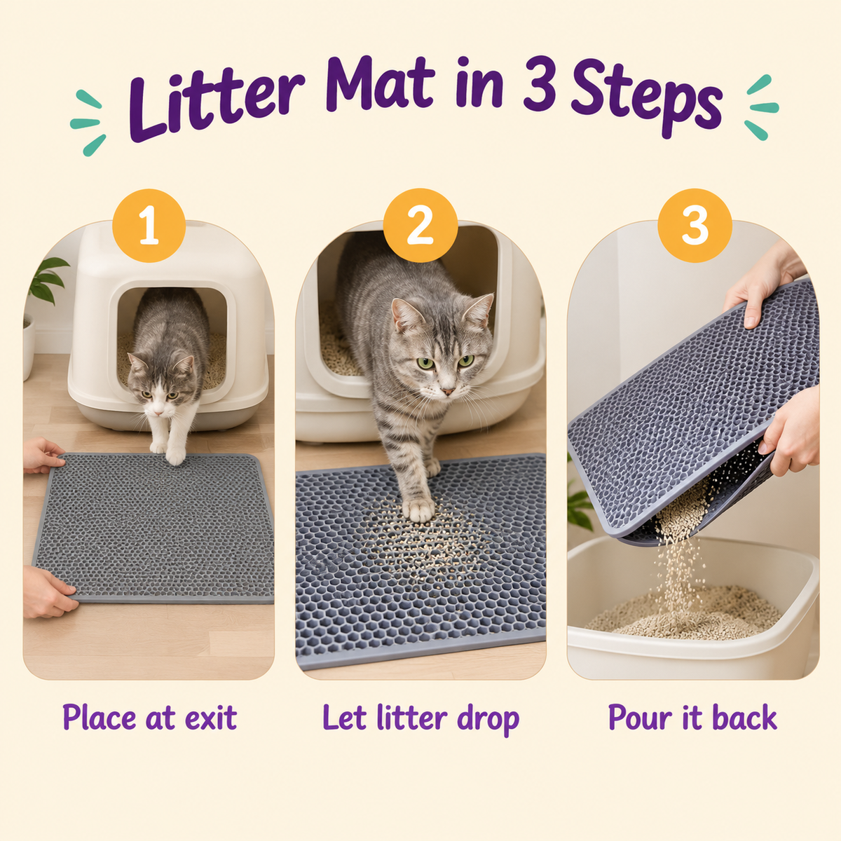 LitterBond Double-Layer Litter Mat - how to use in 3 steps