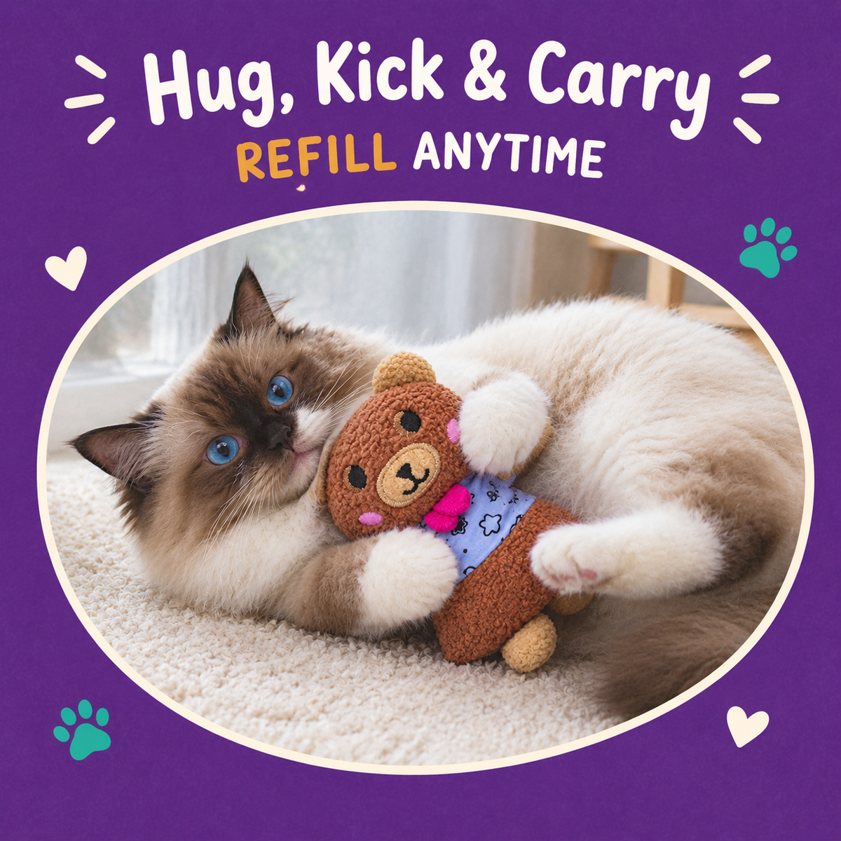 Cat playing with LitterBond Refillable Catnip Plush Buddies: Hug, Kick & Carry