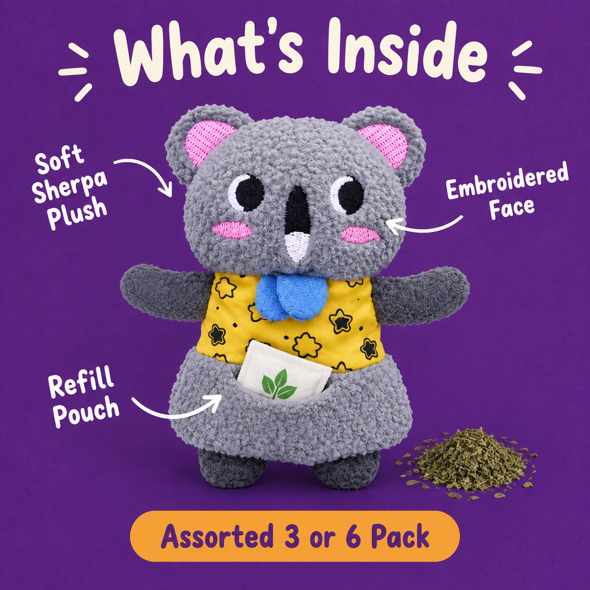 What's Inside: LitterBond Refillable Catnip Plush Buddies, refill pouch, soft sherpa plush, embroidered face