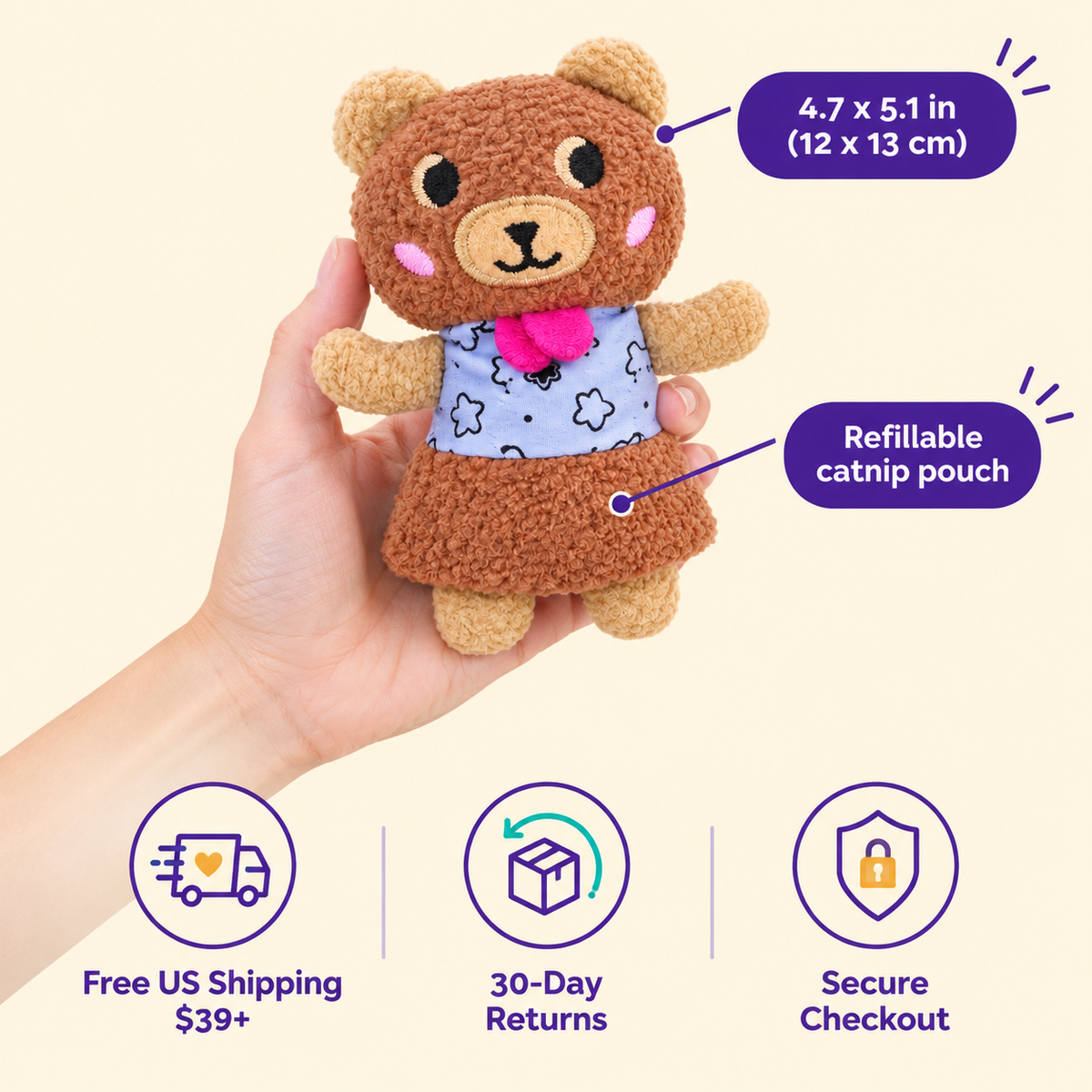 LitterBond Refillable Catnip Plush Buddies in hand: 4.7 x 5.1 in (12 x 13 cm); free US shipping on $39+, 30-day returns
