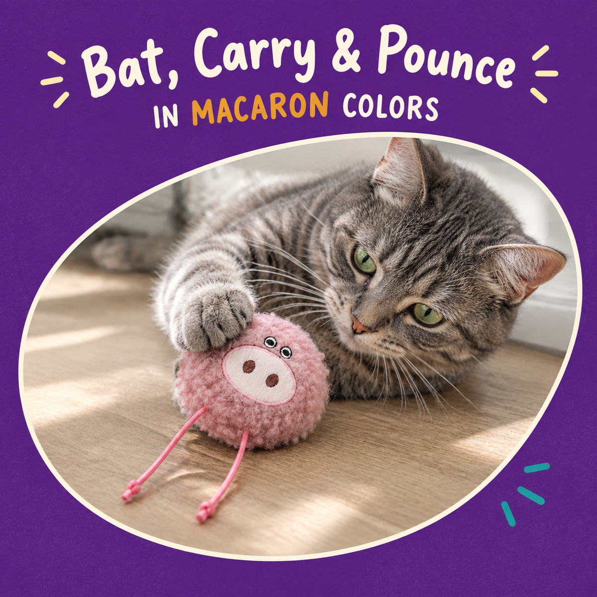 Cat playing with LitterBond Macaron Fluffy Catnip Toys: Bat, Carry & Pounce
