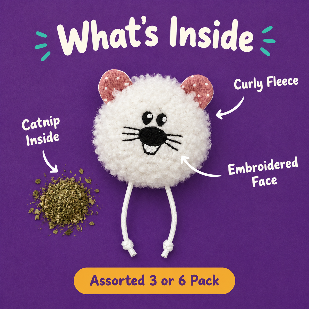 What's Inside: LitterBond Macaron Fluffy Catnip Toys, catnip inside, curly fleece, embroidered face