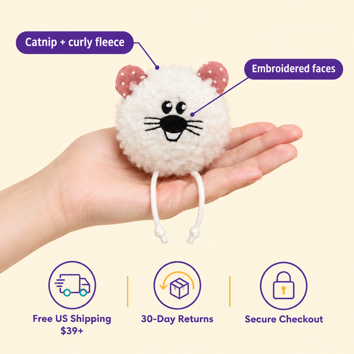 LitterBond Macaron Fluffy Catnip Toys in hand: Catnip + curly fleece; free US shipping on $39+, 30-day returns