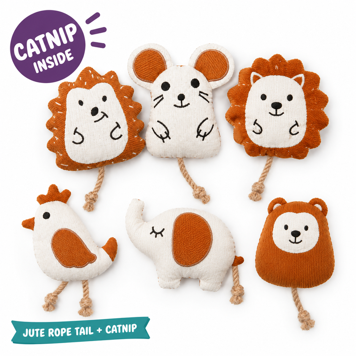 LitterBond Doodle Animal Catnip Toys: catnip inside, jute rope tail + catnip