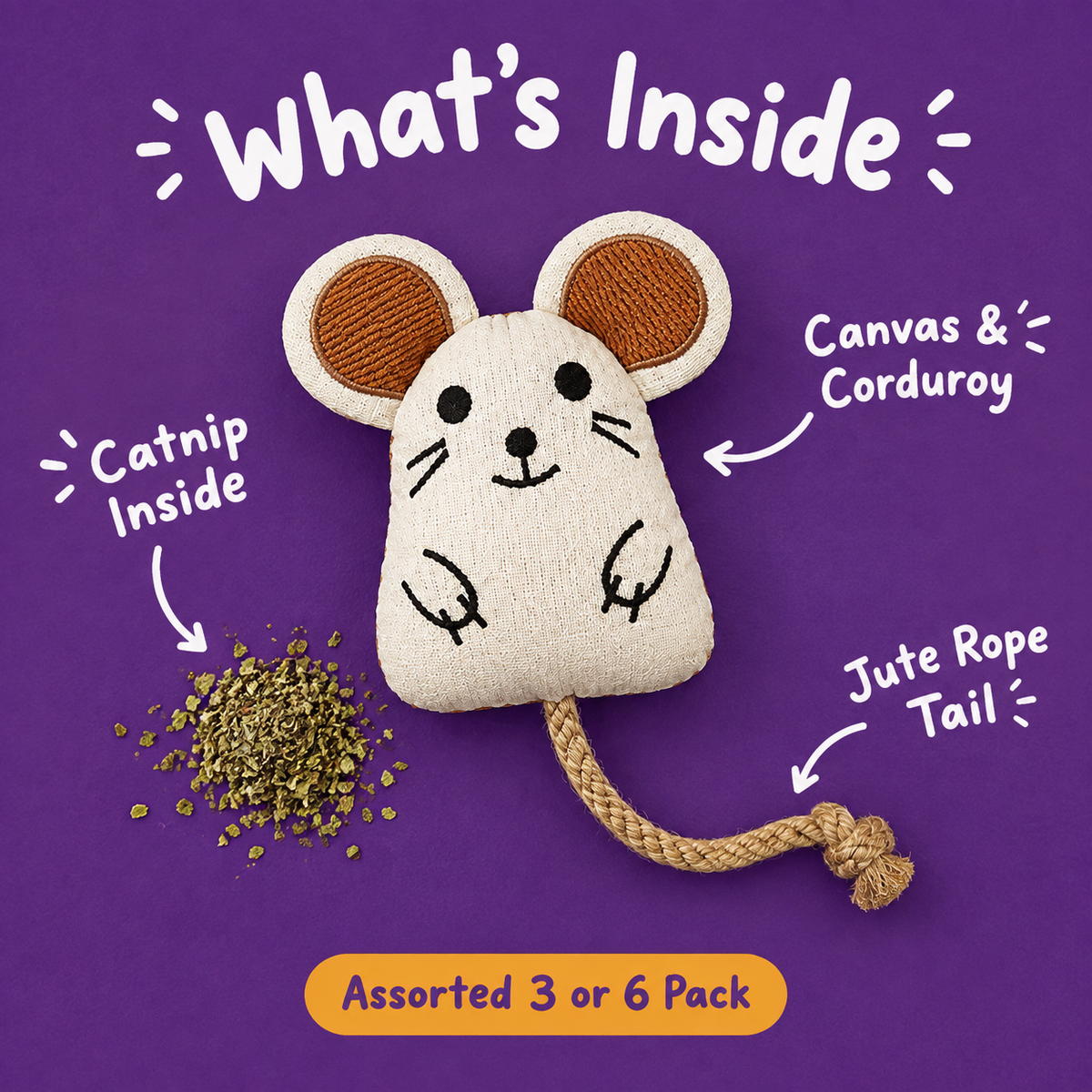 What's Inside: LitterBond Doodle Animal Catnip Toys, catnip inside, canvas & corduroy, jute rope tail