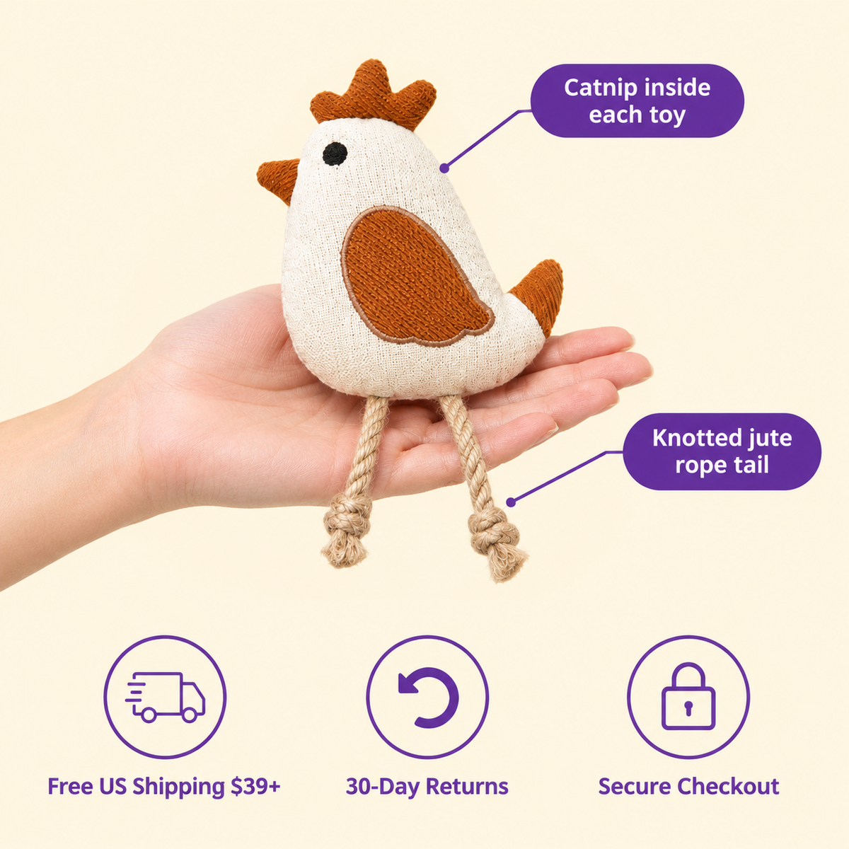 LitterBond Doodle Animal Catnip Toys in hand: Catnip inside each toy; free US shipping on $39+, 30-day returns