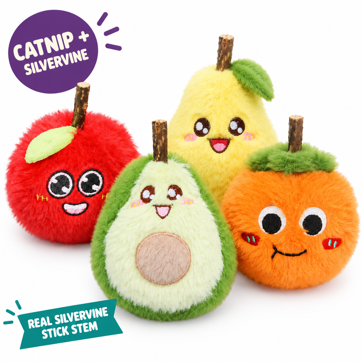 LitterBond Fuzzy Fruit Silvervine Plushies: catnip + silvervine, real silvervine stick stem