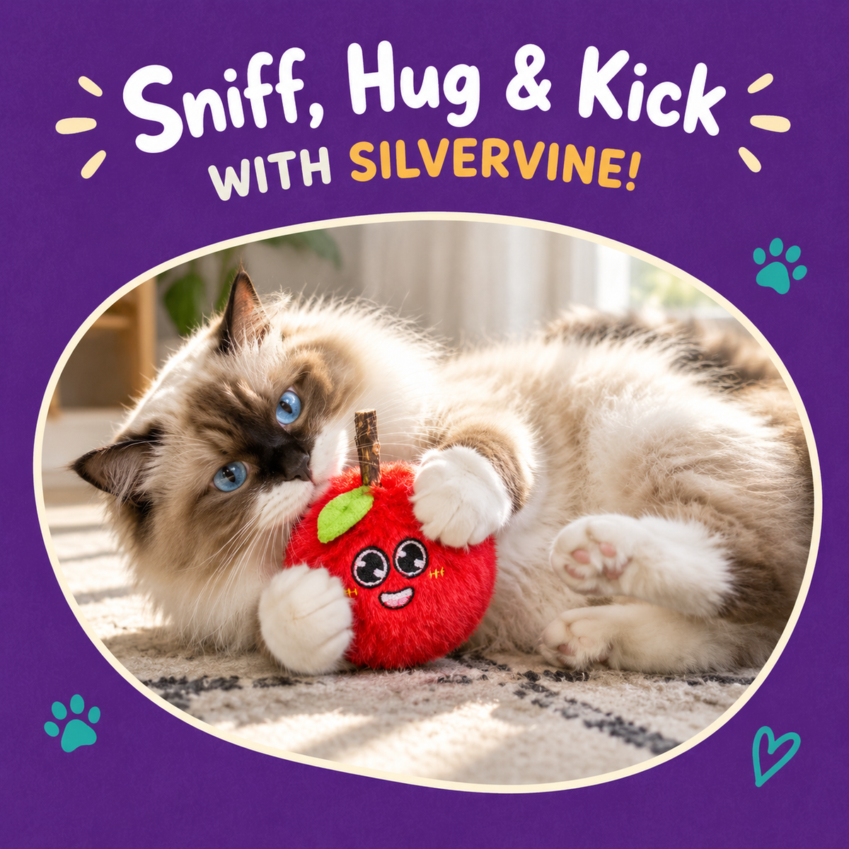 Cat playing with LitterBond Fuzzy Fruit Silvervine Plushies: Sniff, Hug & Kick