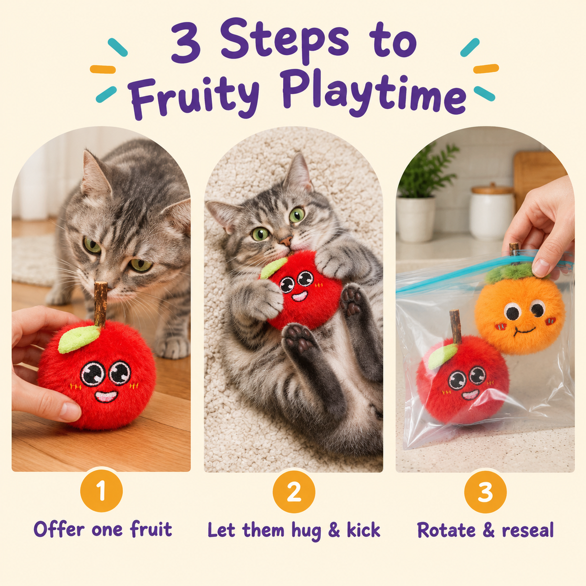 3 Steps to Fruity Playtime: how to play with LitterBond Fuzzy Fruit Silvervine Plushies
