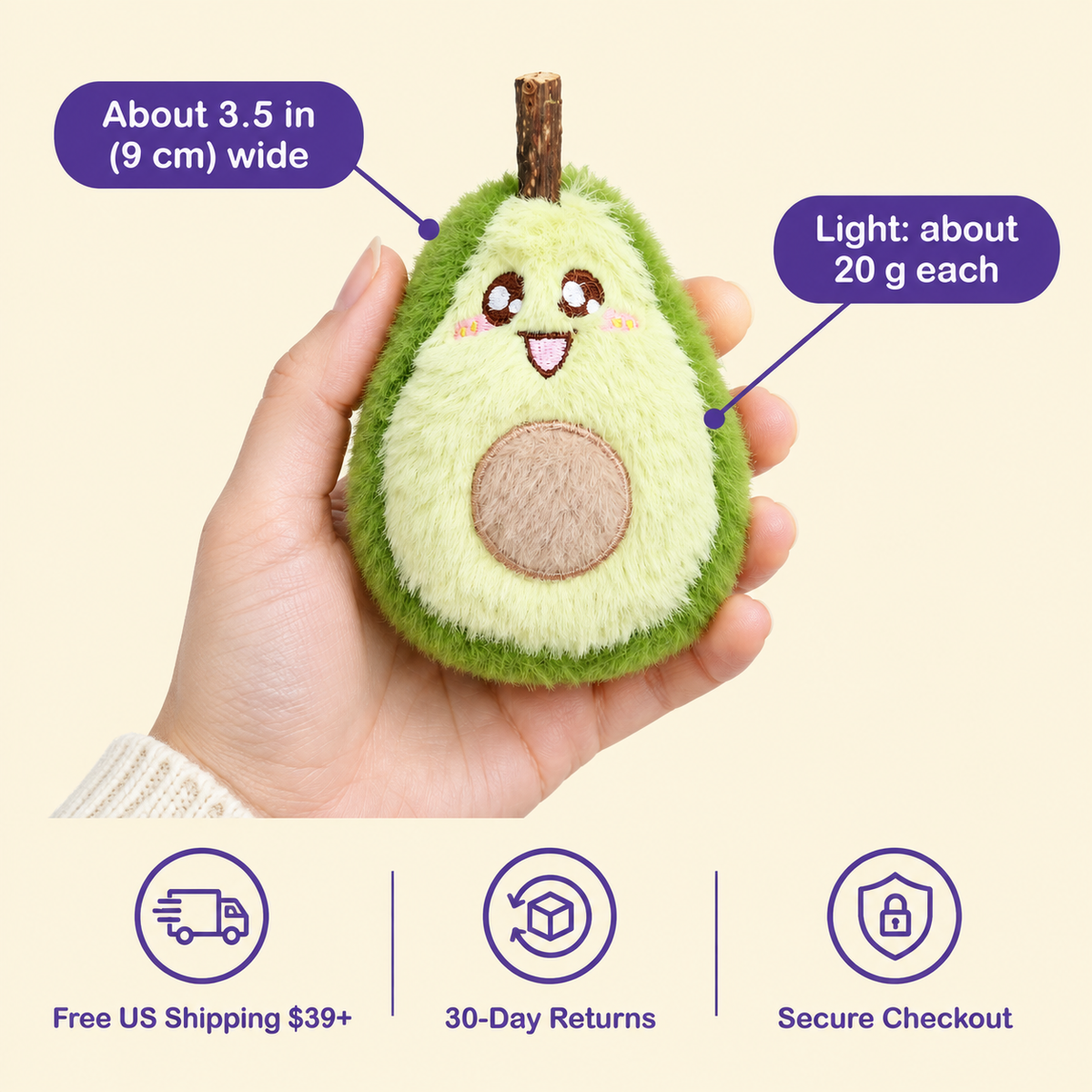 LitterBond Fuzzy Fruit Silvervine Plushies in hand: About 3.5 in (9 cm) wide; free US shipping on $39+, 30-day returns