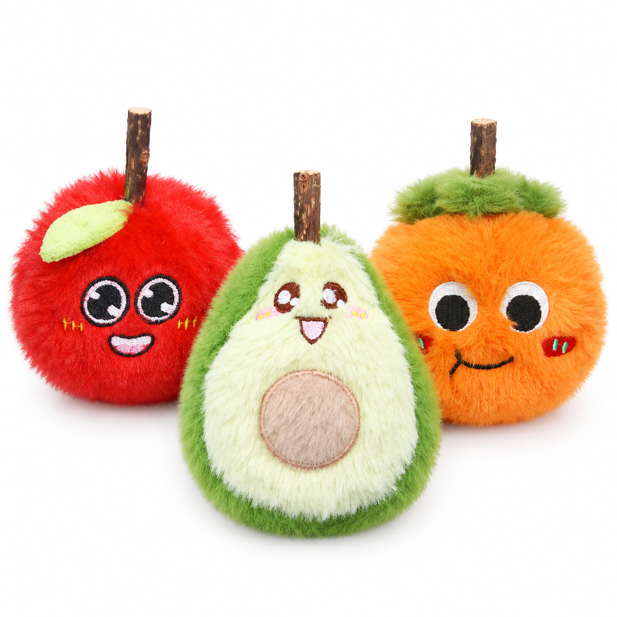 LitterBond Fuzzy Fruit Silvervine Plushies, assorted 3-pack on a white background