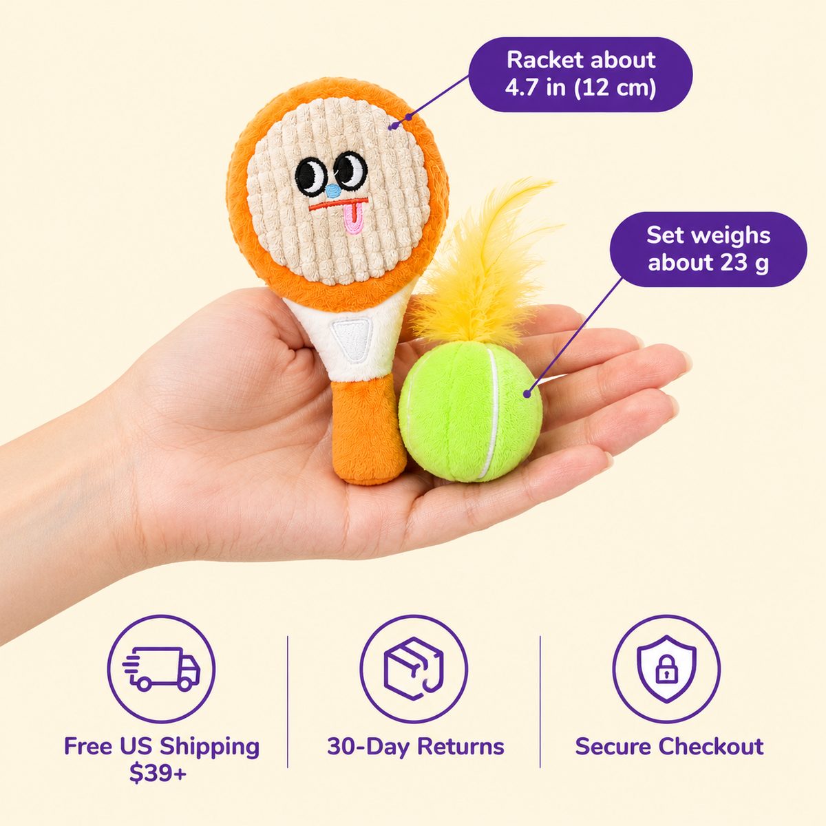LitterBond Catnip Racket & Ball Sets in hand: Racket about 4.7 in (12 cm); free US shipping on $39+, 30-day returns