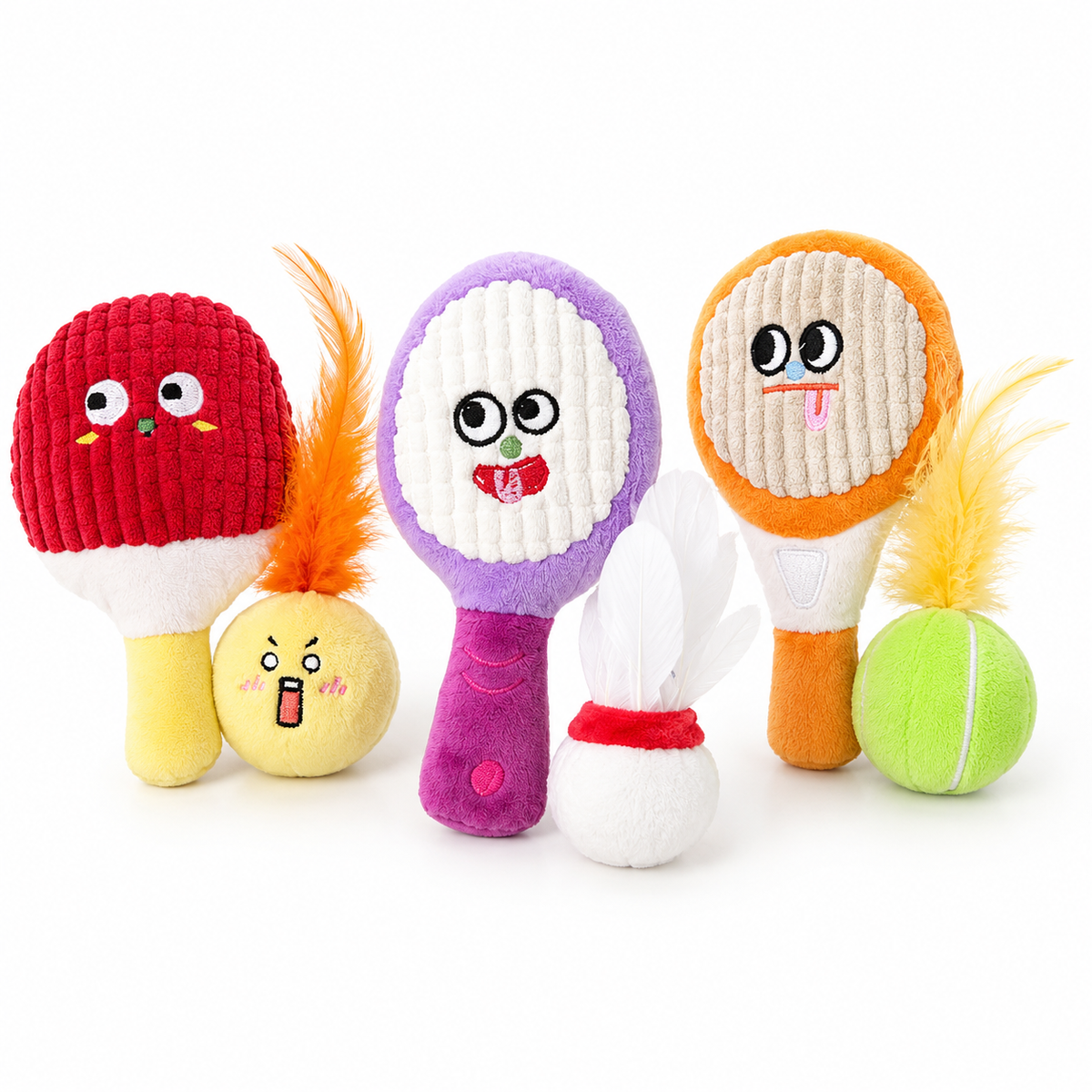 LitterBond Catnip Racket & Ball Sets, assorted 3 sets (6 pcs) on a white background