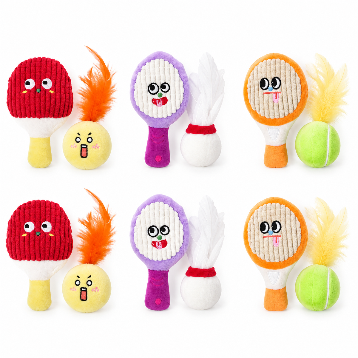 LitterBond Catnip Racket & Ball Sets, assorted 6 sets (12 pcs) on a white background