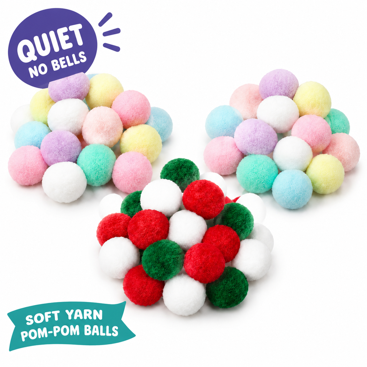 LitterBond Quiet Pom-Pom Play Balls: quiet no bells, soft yarn pom-pom balls