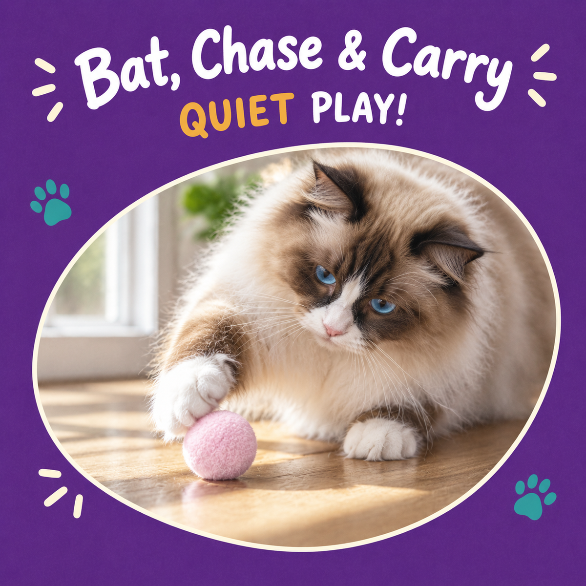 Cat playing with LitterBond Quiet Pom-Pom Play Balls: Bat, Chase & Carry
