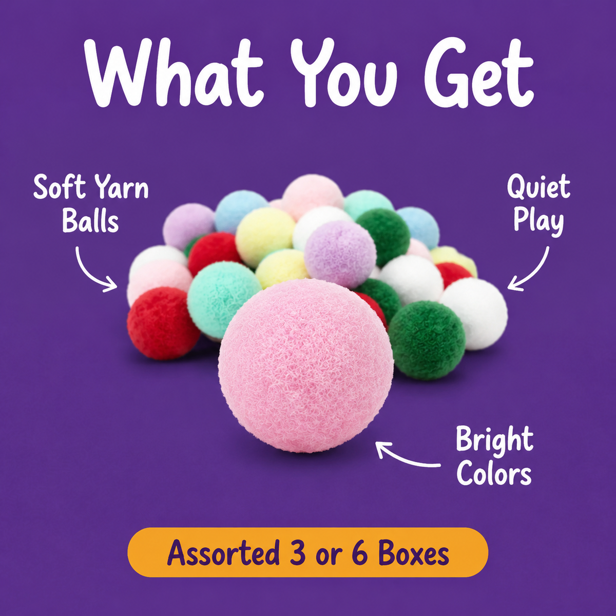 What You Get: LitterBond Quiet Pom-Pom Play Balls, soft yarn balls, quiet play, bright colors
