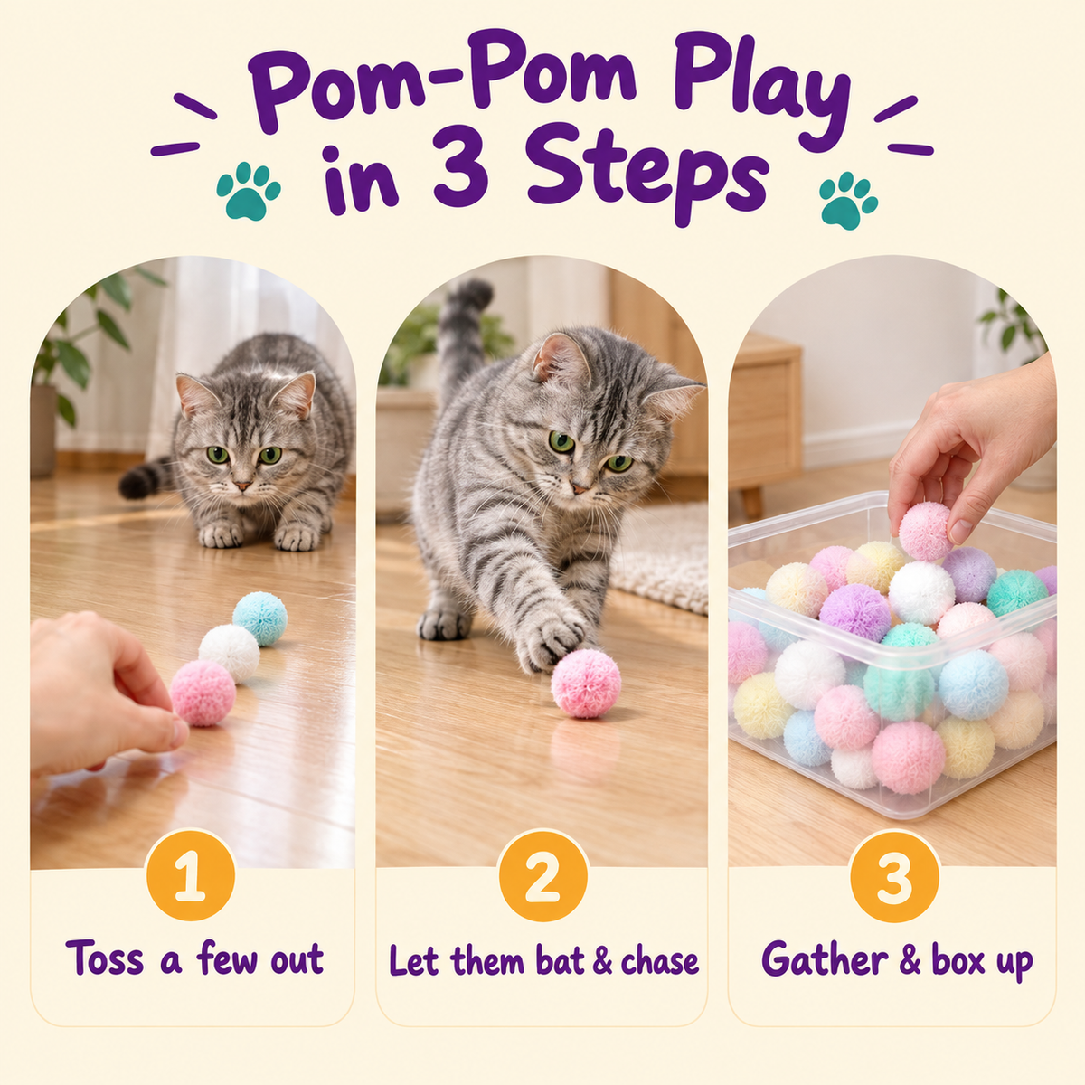 Pom-Pom Play in 3 Steps: how to play with LitterBond Quiet Pom-Pom Play Balls