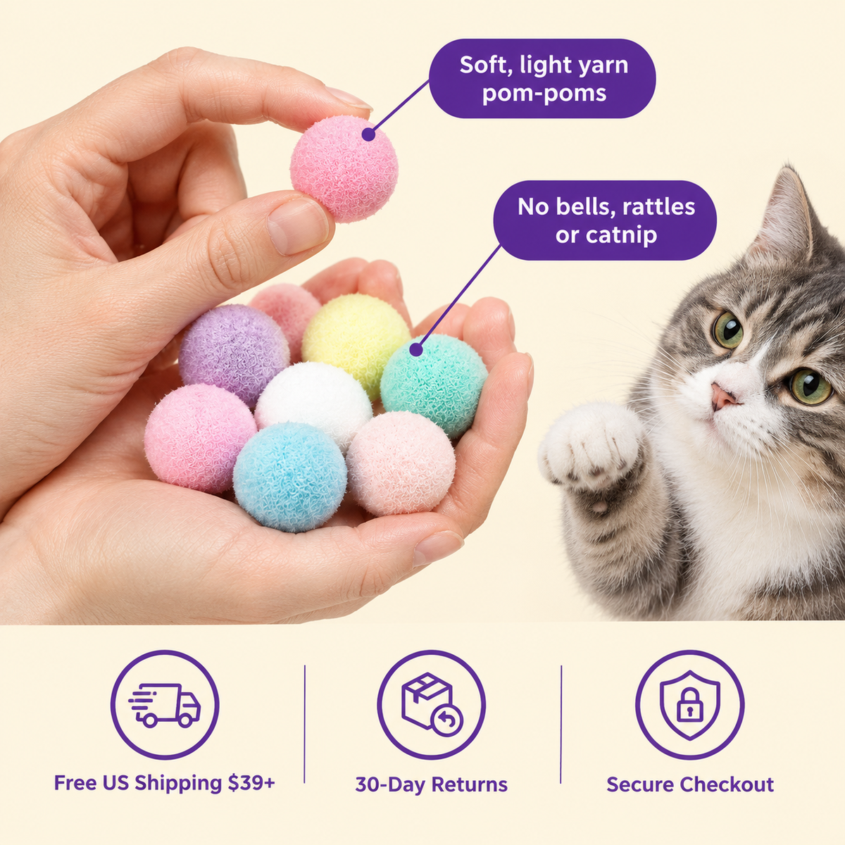LitterBond Quiet Pom-Pom Play Balls in hand: Soft, light yarn pom-poms; free US shipping on $39+, 30-day returns