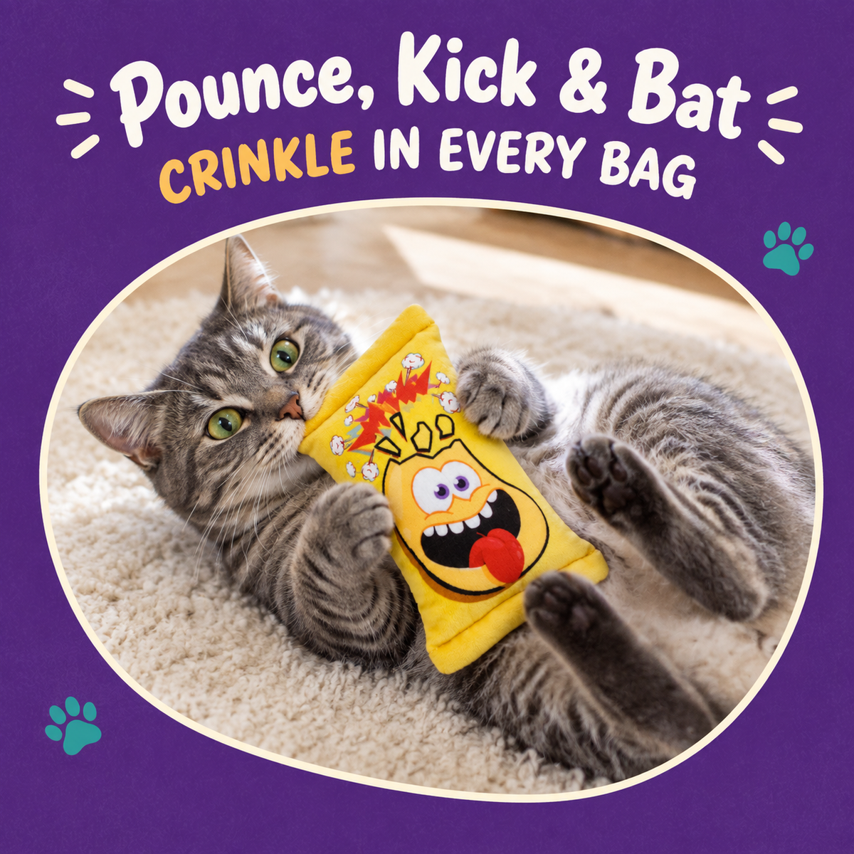 Cat playing with LitterBond Crinkle Chip Bag Kickers: Pounce, Kick & Bat