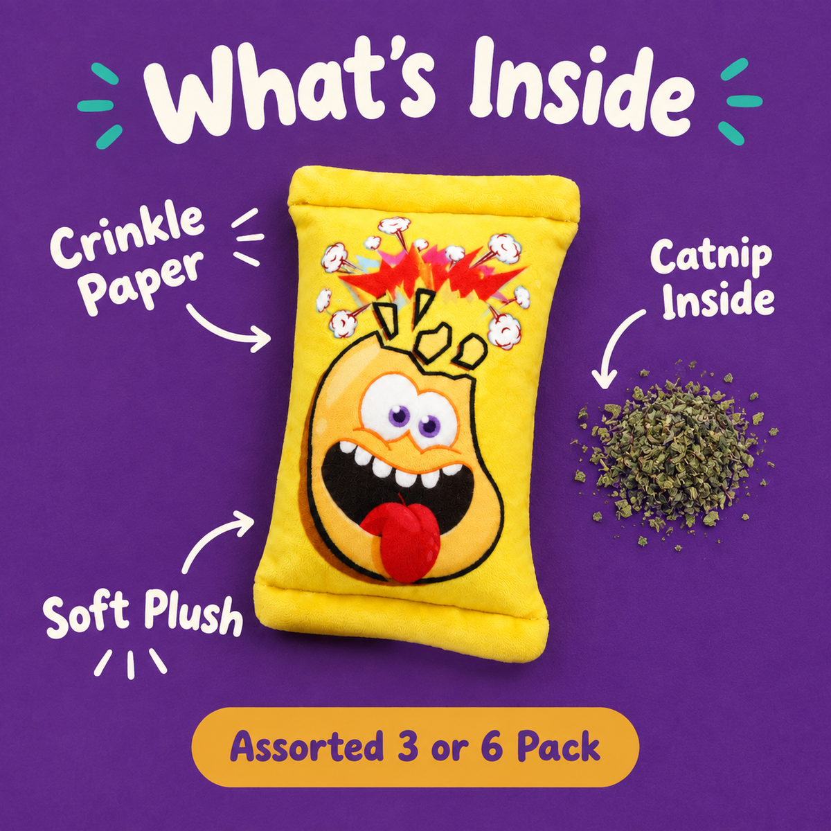What's Inside: LitterBond Crinkle Chip Bag Kickers, crinkle paper, catnip inside, soft plush