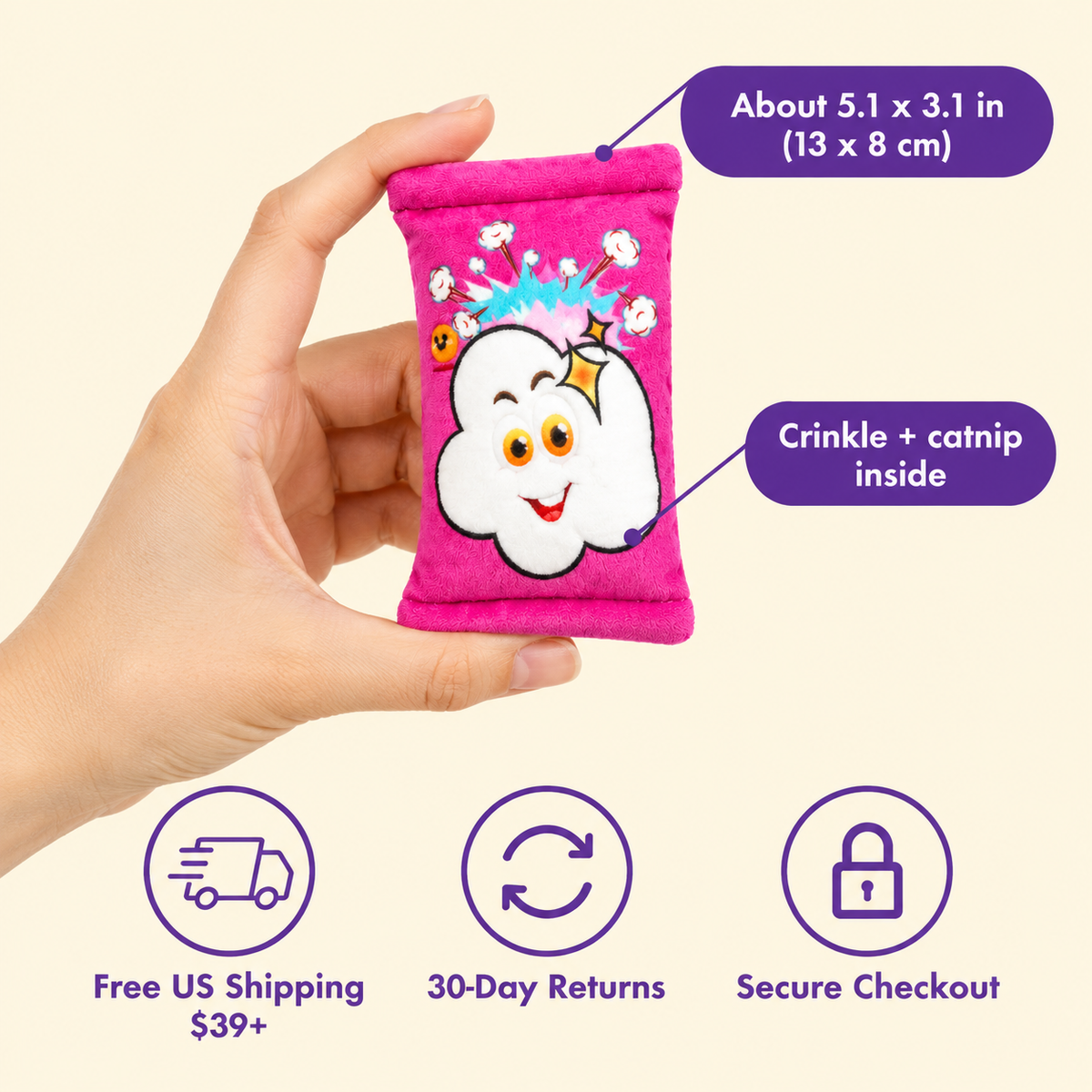 LitterBond Crinkle Chip Bag Kickers in hand: About 5.1 x 3.1 in (13 x 8 cm); free US shipping on $39+, 30-day returns