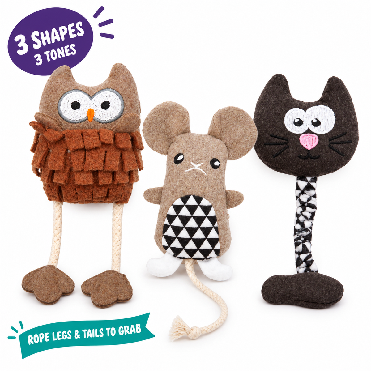 LitterBond Rustic Felt Critter Toys: 3 shapes 3 tones, rope legs & tails to grab