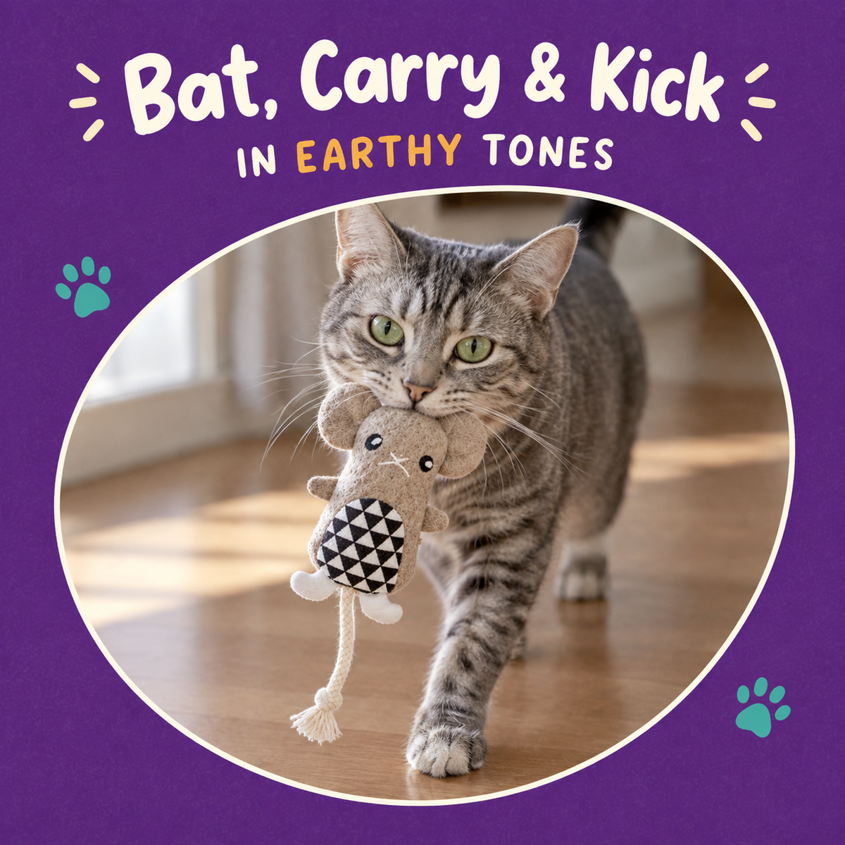 Cat playing with LitterBond Rustic Felt Critter Toys: Bat, Carry & Kick