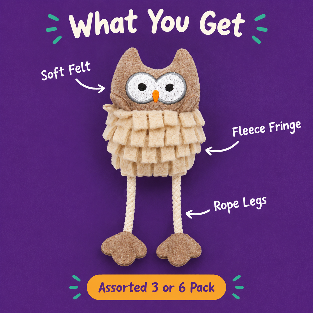 What You Get: LitterBond Rustic Felt Critter Toys, soft felt, fleece fringe, rope legs
