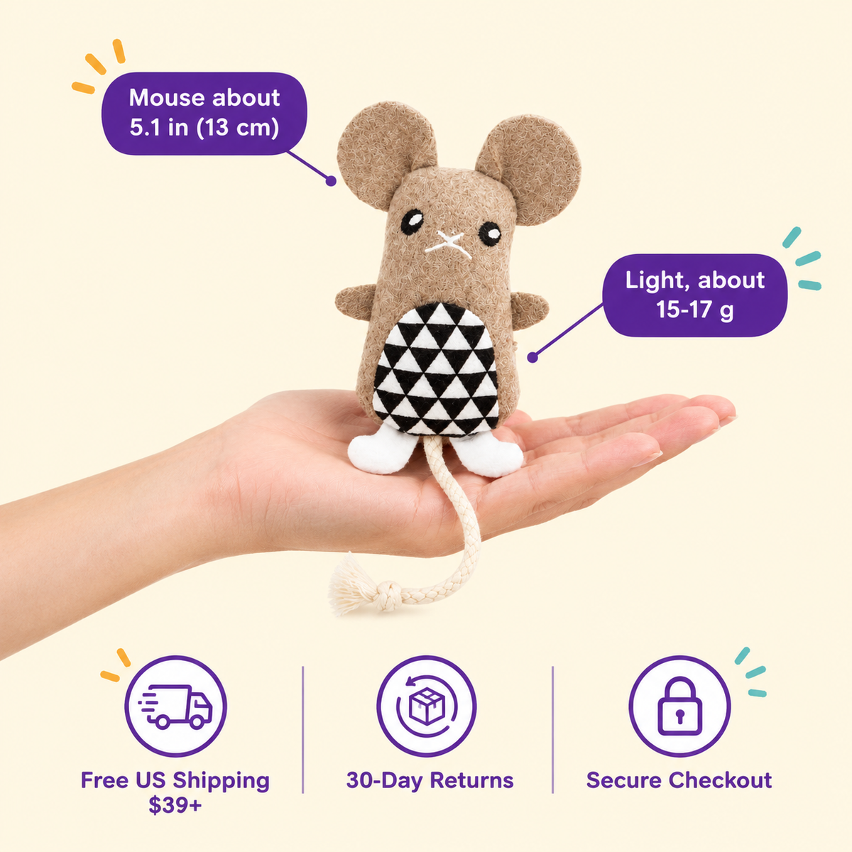 LitterBond Rustic Felt Critter Toys in hand: Mouse about 5.1 in (13 cm); free US shipping on $39+, 30-day returns