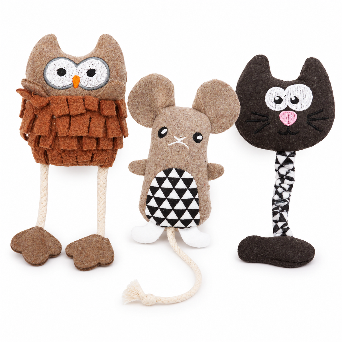 LitterBond Rustic Felt Critter Toys, assorted 3-pack on a white background