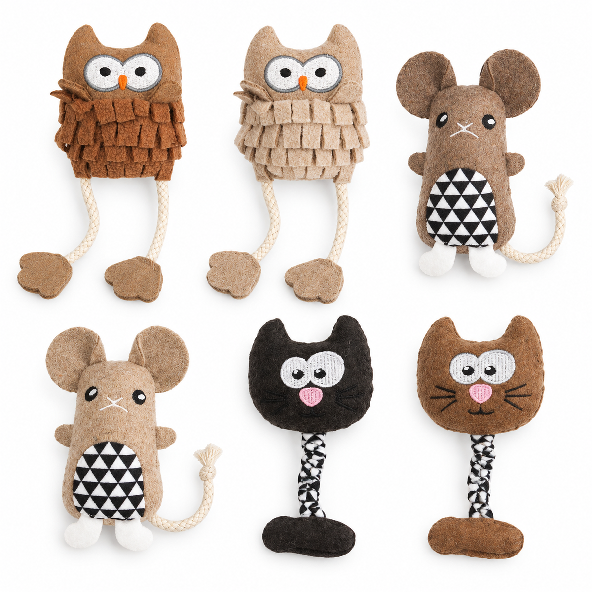LitterBond Rustic Felt Critter Toys, assorted 6-pack on a white background