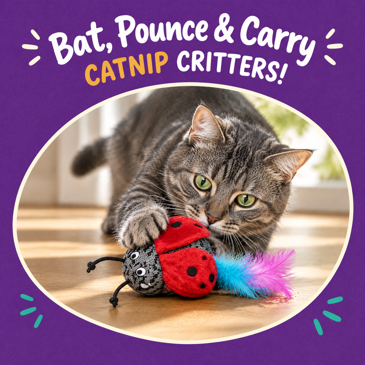 Cat playing with LitterBond Knit Critter Catnip Toys: Bat, Pounce & Carry
