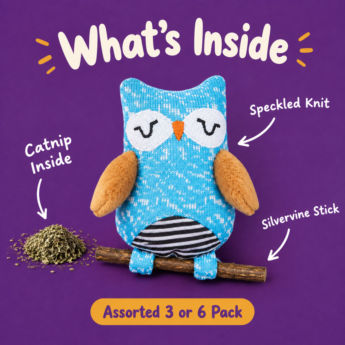 What's Inside: LitterBond Knit Critter Catnip Toys, catnip inside, silvervine stick, speckled knit