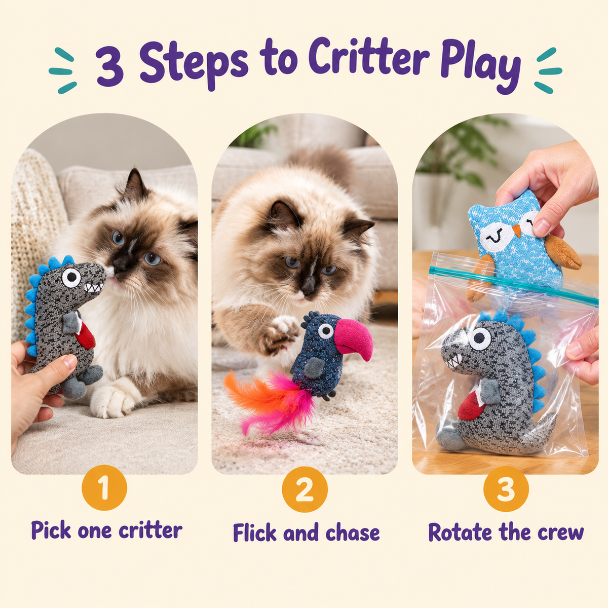 3 Steps to Critter Play: how to play with LitterBond Knit Critter Catnip Toys