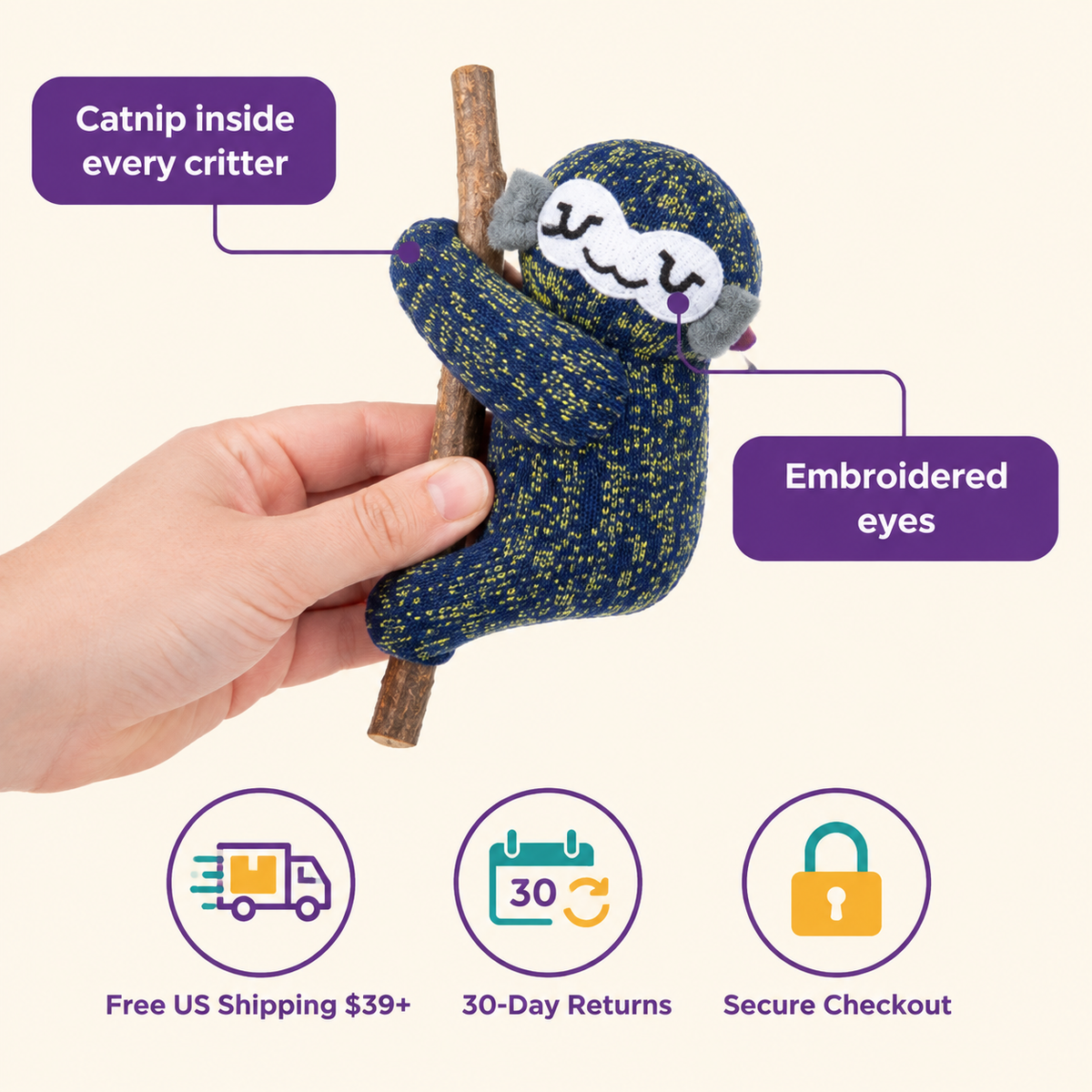 LitterBond Knit Critter Catnip Toys in hand: Catnip inside every critter; free US shipping on $39+, 30-day returns