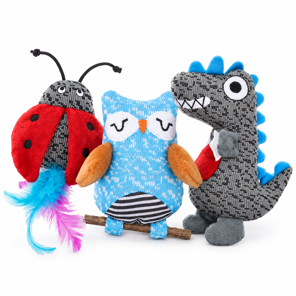 LitterBond Knit Critter Catnip Toys, assorted 3-pack on a white background