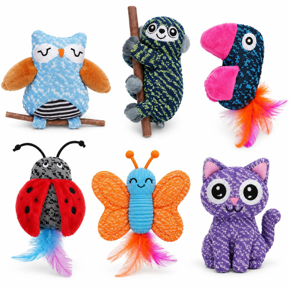 LitterBond Knit Critter Catnip Toys, assorted 6-pack on a white background