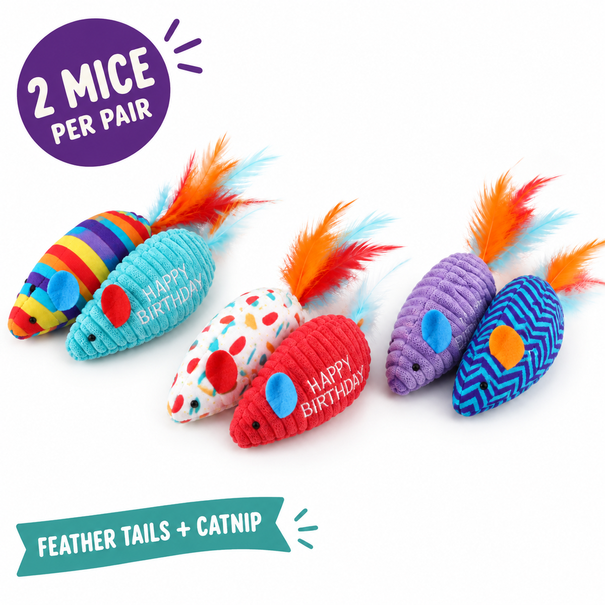 LitterBond Happy Birthday Catnip Mice: 2 mice per pair, feather tails + catnip