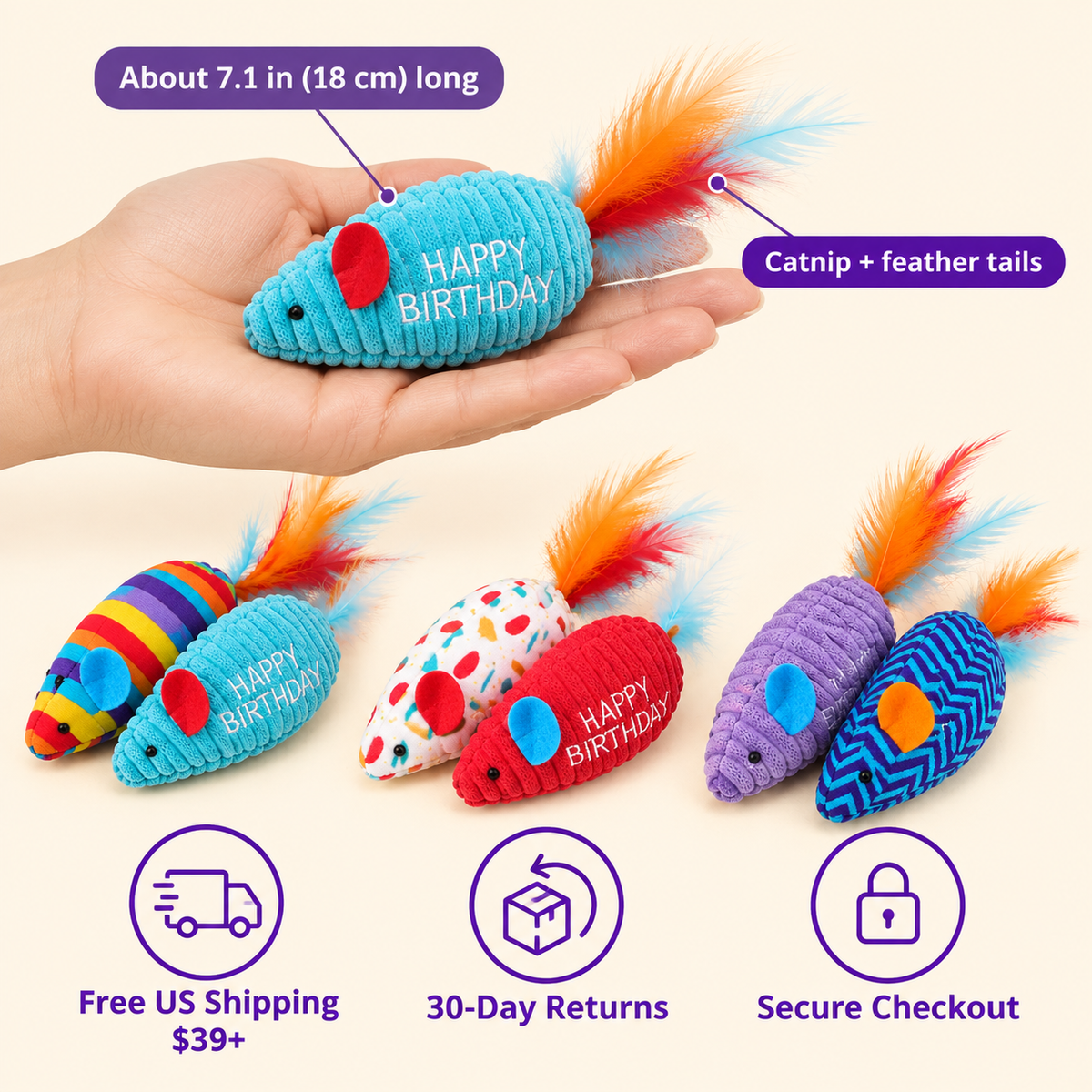 LitterBond Happy Birthday Catnip Mice in hand: About 7.1 in (18 cm) long; free US shipping on $39+, 30-day returns
