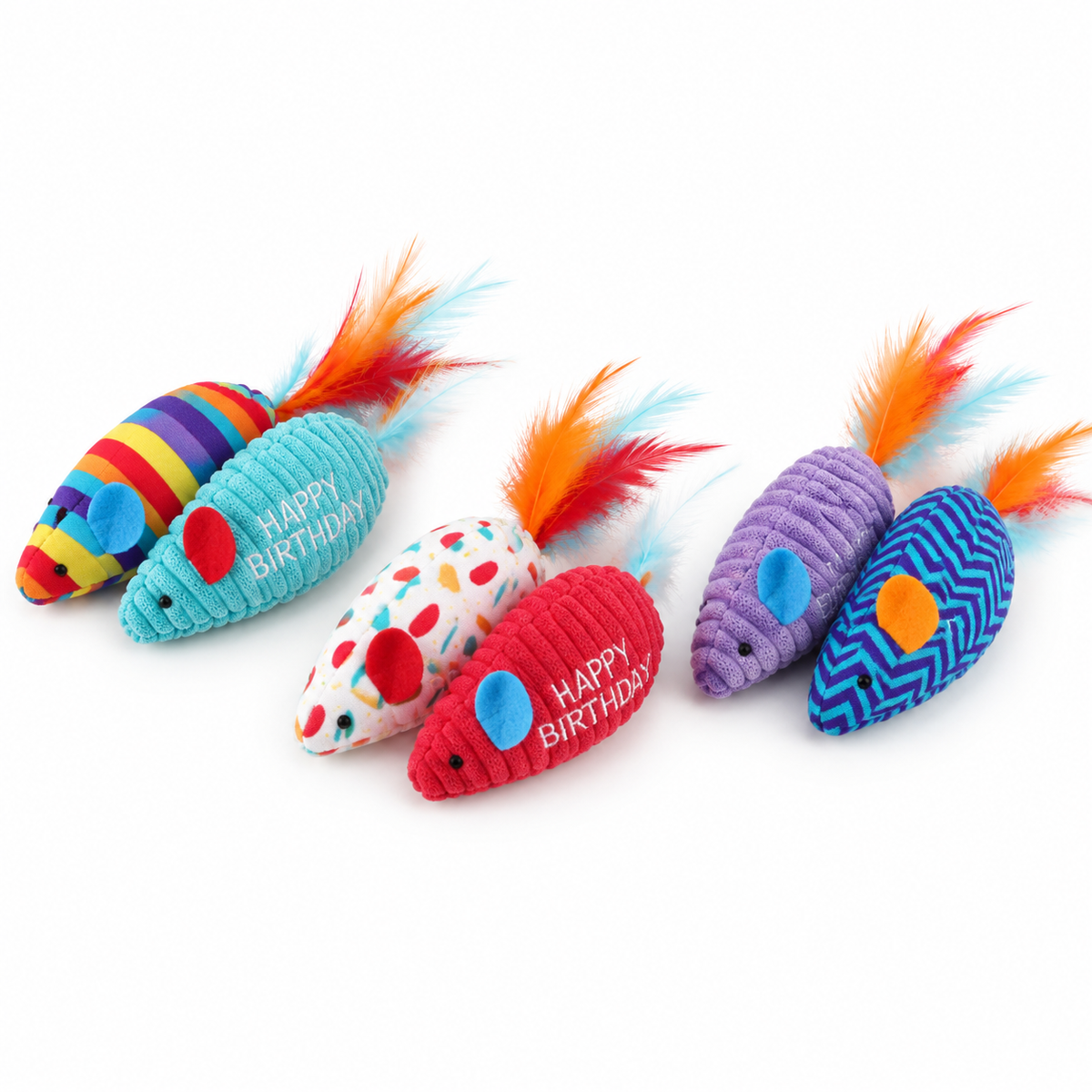 LitterBond Happy Birthday Catnip Mice, assorted 3 pairs (6 mice) on a white background
