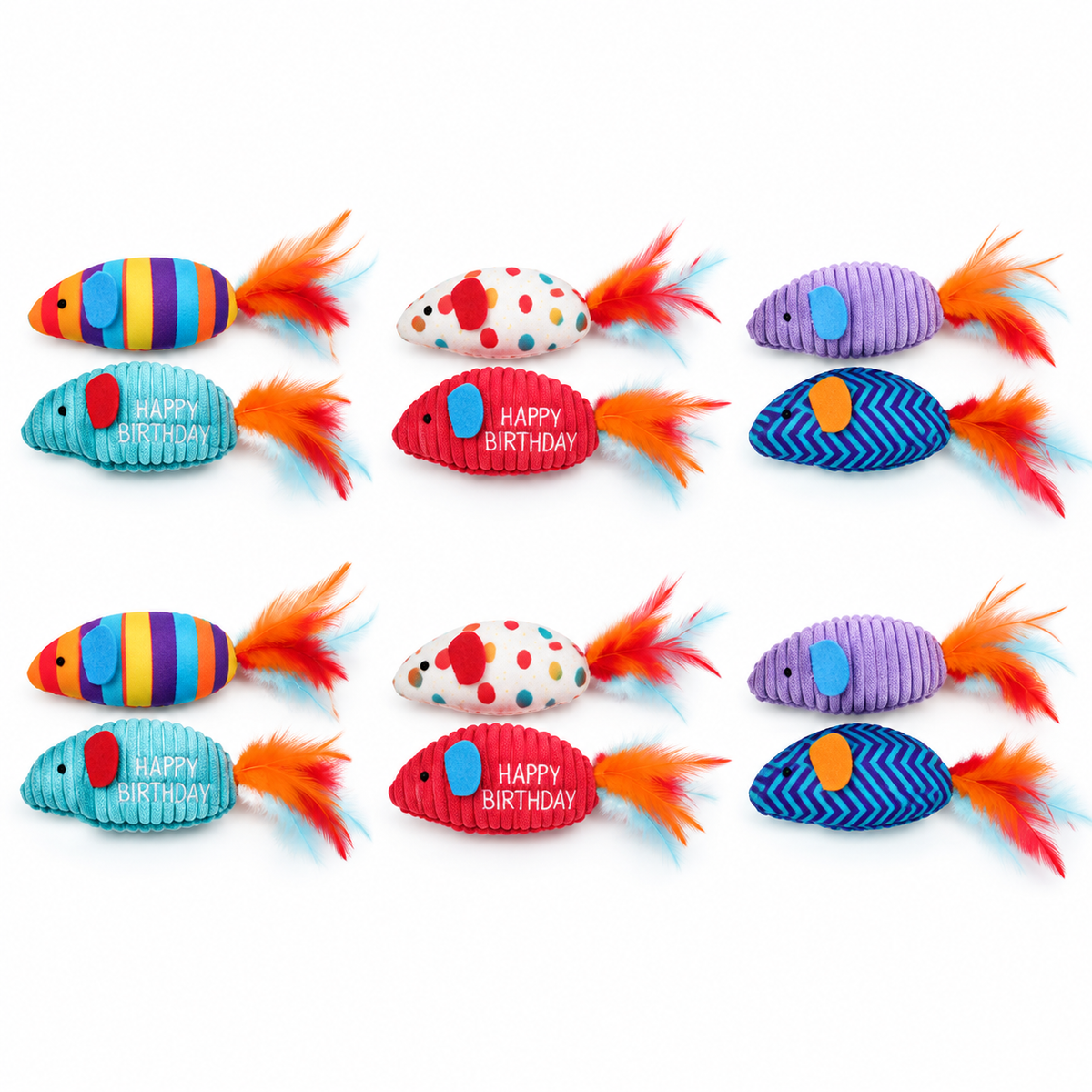 LitterBond Happy Birthday Catnip Mice, assorted 6 pairs (12 mice) on a white background